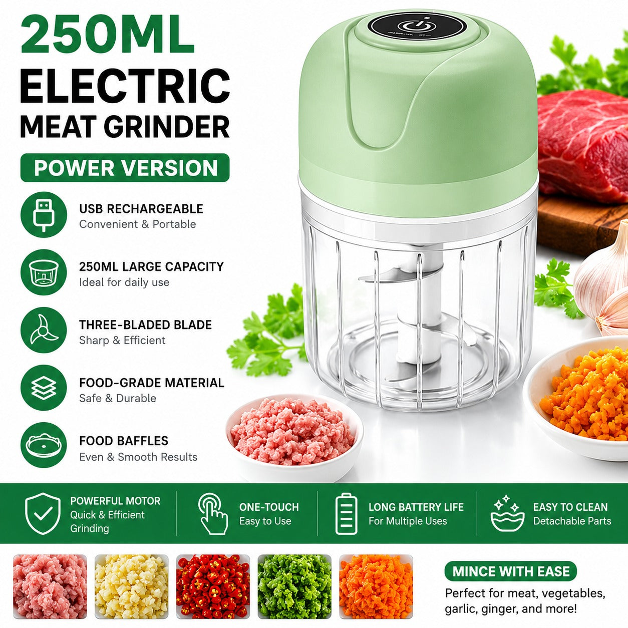 Electric Wireless Garlic Onion Stirring Device Cordless Meat Grinder with USB Charging for Vegetable, Pepper, Onion, Baby Food, Seasoning, Nuts