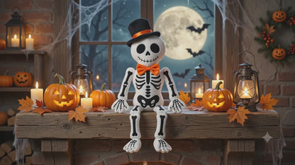 Halloween Skeleton Plush Decoration – 34.65" Sitting Fabric Skeleton with Top Hat & Orange Bow Tie, Poseable Sit-Down Skeleton Decor for Shelf, Mantel & Fireplace