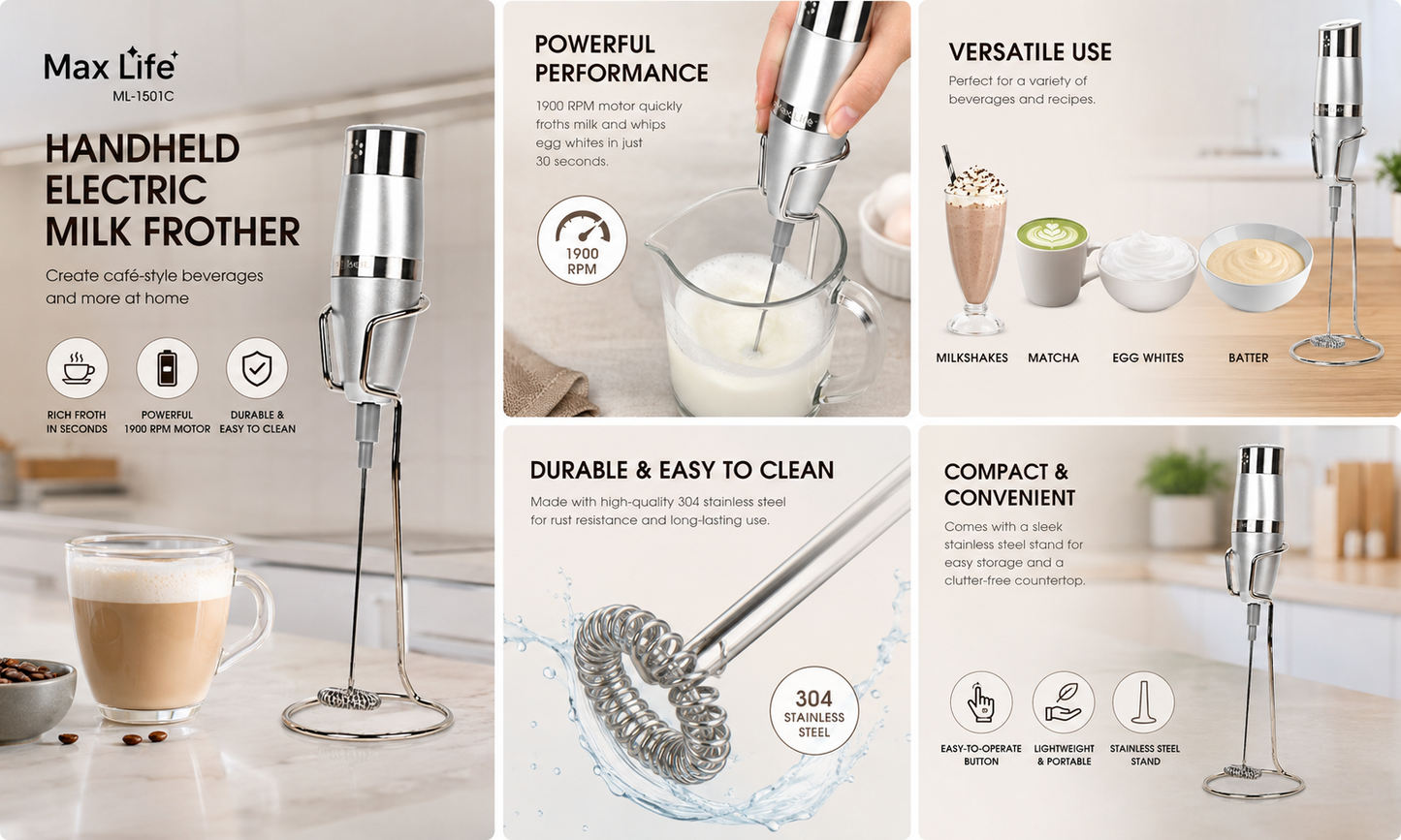 Max Life Premium 1900 RPM Hand Electric Milk Frother - Stainless Steel Frother / Mixer & Egg Beater with Stand for Coffee, Lattes, and Cooking