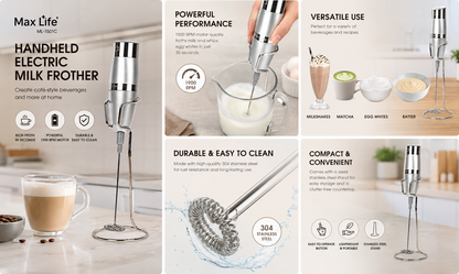 Max Life Premium 1900 RPM Hand Electric Milk Frother - Stainless Steel Frother / Mixer & Egg Beater with Stand for Coffee, Lattes, and Cooking